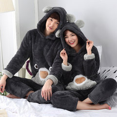 Autumn and winter coral velvet pajamas, long sleeve men, thickening big yards, cartoon lovely flannel women's home suit Male XXL code [high 175-185 heavy 155-185] Dark grey