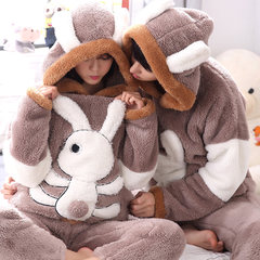 Autumn and winter coral velvet pajamas, long sleeve men, thickening big yards, cartoon lovely flannel women's home suit Male XXL code [high 175-185 heavy 155-185] 357-358 little white rabbits