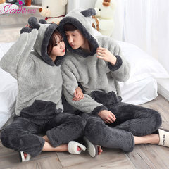 Autumn and winter coral velvet pajamas, long sleeve men, thickening big yards, cartoon lovely flannel women's home suit Male XXL code [high 175-185 heavy 155-185] dark gray