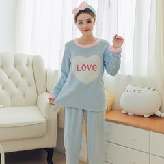 Spring and winter, thickening lady coral velvet pajamas, winter cartoon long sleeve lovely flannel home suit set M: 80-95 Jin 334#LOVE blue
