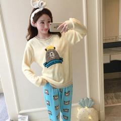 Spring and winter, thickening lady coral velvet pajamas, winter cartoon long sleeve lovely flannel home suit set M: 80-95 Jin 313# bear head