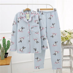 Pajamas women autumn and winter pure cotton long sleeves, three layers air cotton thickening clip cotton suit, winter cotton home wear cartoon M blue