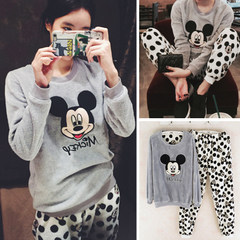 Plush coral velvet pajamas, female autumn and winter cartoon cute students' edition of flannel big size home suit M gray