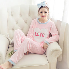 Plush coral velvet pajamas, female autumn and winter cartoon cute students' edition of flannel big size home suit M Pink