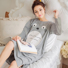 The spring and autumn long sleeved cotton Nightgown dress sleeve loose large size Korean winter pajamas cartoon cute girl skirt XXXL Totoro gray skirt sleeve