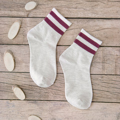 靴下物运动袜白色两条杠袜子女夏季短袜条纹袜口韩国棉袜学生袜子 5XL（280斤） 酒红色