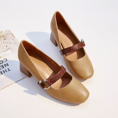 In the autumn of 2017 new word square buckle shoes retro rough heels Mary Jane shallow mouth code Shoes Size Small Thirty-eight Camel