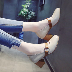 Shoes heels thick with 2017 new all-match Korean word buckle Mary Jane shoes retro autumn women shoes Thirty-eight Beige
