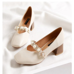 韩版珍珠粗跟奶奶鞋女一字扣复古方头玛丽珍鞋子秋季浅口单鞋中跟 38 米白色