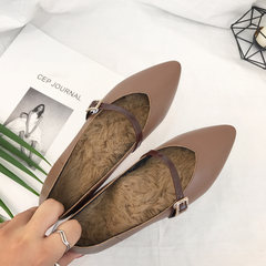 Mary Jane shoes retro shoes buckle 2017 new word grandma shoes a all-match shallow mouth with coarse pointed shoes Thirty-eight Brown