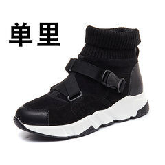 Leather socks shoes 2017 winter shoes all-match ulzzang Harajuku hightops female plus velvet shoes Thirty-eight Black [single Li]