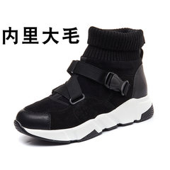 Leather socks shoes 2017 winter shoes all-match ulzzang Harajuku hightops female plus velvet shoes Thirty-eight Black [inside hair]