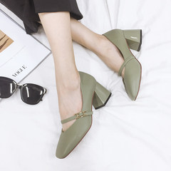 Korean documentary shoes Square coarse small fresh autumn high-heeled shoes retro all-match student word buckle Mary Jane shoes Thirty-eight green