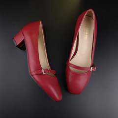 The spring and Autumn Art retro with low buckle shoes a rough documentary with square Mary Jane heel female high-heeled shoes Thirty-six Claret