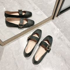 2017 square meters of ash Yili leather retro Mary Jane shoes buckle a flat shoes and shoes Asakuchi Thirty-eight Blackish green