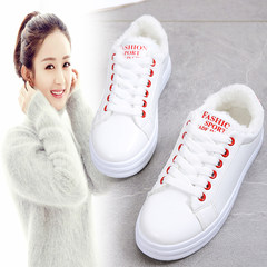 2017 new winter women shoes with velvet white shoe female students white lace up shoes all-match Korean tide warm shoes Thirty-eight Red and white