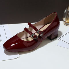 The spring and autumn Leather Flat Mary Jane shoes with shallow mouth coarse female students with retro square buckle a elegant shoes Thirty-eight Wine red (two strips)