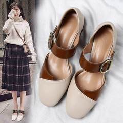 Mary Jane Dal spring 2017 new female Korean word buckle shoes with thick grandma with retro square all-match shoes Thirty-eight Brown [V mouth]