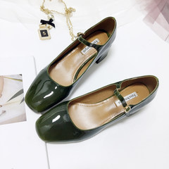 Korean retro Mary Jane shoes round buckle shoes with coarse word documentary female leather shoes 2017 shallow mouth of spring and Autumn Thirty-eight Green paint