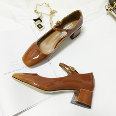 Korean retro Mary Jane shoes round buckle shoes with coarse word documentary female leather shoes 2017 shallow mouth of spring and Autumn Thirty-eight Brown Leather