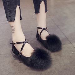 Female rabbit Mary Jane shoes fall 2017 new Korean flat shoes cross word buckle Plush Beanie shoes Thirty-eight black