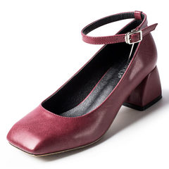 A wonderful companion buckle shoes retro square thick with 2017 new autumn shoes with all-match Mary Jane shoes Thirty-eight Claret