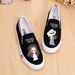 Fall flat with a pedal with cashmere lazy Korean graffiti canvas shoes female student all-match white shoe flat cloth 36 (spring and autumn shoes) Black beauty 1