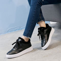 Ladies leisure sports shoes and cashmere leather shoes thick warm winter Korean students thick white shoes shoes Thirty-eight 9628 Black Warm velvet inside