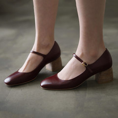 Maryja shoes retro shoes with a thick buckle shallow mouth square with all-match Korean work shoes 34 yards Thirty-five Claret