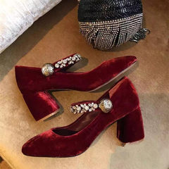 Korean coach Mary Jane shoes retro velvet velvet Rhinestone Buckle with coarse word and shoes female Thirty-four Wine red [5 centimeters]