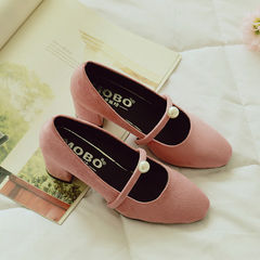 Coarse shoes patent documentary square retro Mary Jane shoes British spring bright skin shallow mouth word buckle shoes Thirty-six Frosted Pink