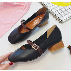 Korean word buckle shoes shoes autumn documentary grandma thick shallow mouth with square Mary Jane shoes retro shoes spring Thirty-eight black