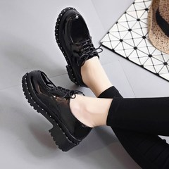 In the autumn of 2017 British style shoes leather shoes retro lace round thick bottom Korean students all-match shoes Thirty-eight Black (thin velvet)