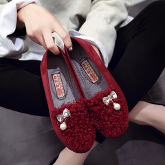 2017 autumn and winter women's bean shoes, lazy shoes, pedal rabbit fur flat shoes, single shoes, Korean shoes, casual shoes Thirty-eight 715 red