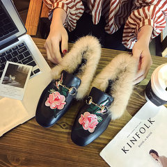 Maomao shoes female in autumn and winter shoes shoes Doug Korean all-match lazy loafer wear flat shoes with velvet outside tide Thirty-six Black (flowers)