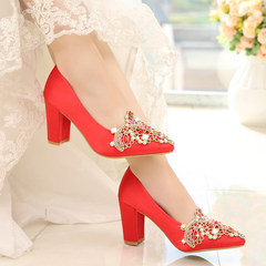 2017, autumn and winter, Crystal Satin, retro flat shoes, show Chinese style bride shoes, high red flat bottom wedding shoes women Forty-one Silk rough with 8 centimeters of diamond money