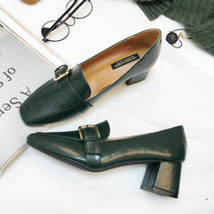 Vintage British girls shoes with thick square documentary loafer soft heels fall 2017 new female all-match Thirty-eight Green buckle