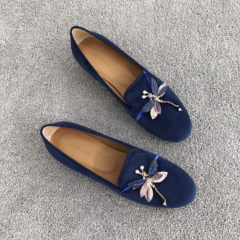 Grape mother studiolee velvet embroidery loafer new fashion leisure shoes all-match fall flat shoes Thirty-four Dragonfly blue