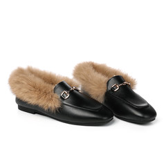 Maomao shoes female winter velvet shoes women shoe British style lazy shoes wear loafer female rabbit semi slipper Thirty-eight Black (with money)