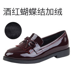 Inside and outside of life, leather summer and winter shoes, women's shoes, women's shoes, women's deep, round head, low heel, flat bottom, single shoe girl Thirty-eight Wine red bow tie velvet