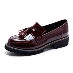 Inside and outside of life, leather summer and winter shoes, women's shoes, women's shoes, women's deep, round head, low heel, flat bottom, single shoe girl Thirty-eight Claret