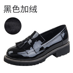 Inside and outside of life, leather summer and winter shoes, women's shoes, women's shoes, women's deep, round head, low heel, flat bottom, single shoe girl Thirty-eight Black velvet