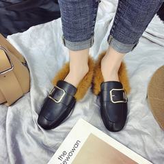In the winter of 2017 flat Maomao shoes singles shoes pedal Doug shoes and small leather shoes slip-on warm cashmere square Thirty-seven Black (square buckle brown hair)
