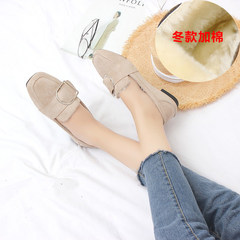 2017 new winter suede belt buckle with cashmere flat shoes retro casual shoes and women all-match square Thirty-eight Beige plus cotton