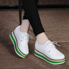 Autumn and winter Bullock shoes platform shoes Korean increased plus velvet leather casual British flat shoes Thirty-eight 1166 increase green, low white