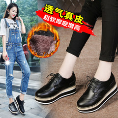 Autumn and winter Bullock shoes platform shoes Korean increased plus velvet leather casual British flat shoes Thirty-eight 1166 increase in black plus velvet money