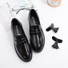 Vintage England College wind shoes black female Korean all-match tassel loafer shoes leather female students Thirty-five Black breathable shoes