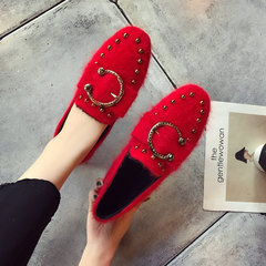 Special offer every day in autumn and winter loafer shoes European mink cashmere square flat shoes diamond hair Doug shoes tide Thirty-eight gules