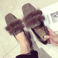 Square loafer female buckle shoes slippers plush flat shoes with flat hair pad and cashmere Plaid tide Thirty-eight Khaki