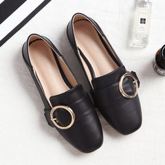 2017 autumn happy shoes female British wind one foot retro small leather shoes, two wear flat bottomed peas shoes, single shoes, women's shoes Thirty-eight black